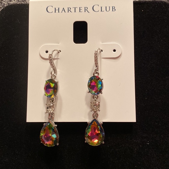 NWT Silver-Tone Crystal & Stone Triple Drop Earrings. CHARTER CLUB - Picture 2 of 8